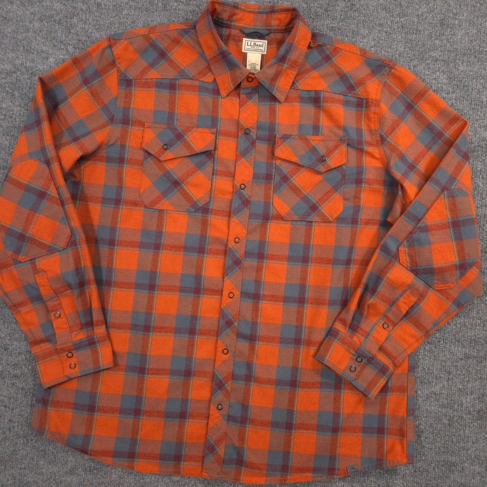 LL Bean Katahdin Performance Flannel Shirt Mens XL Orange Plaid Wool Blend